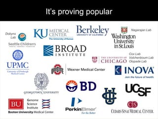 It’s proving popular 
Dobyns 
Lab 
Nagarajan Lab 
Cox Lab 
Volchenboum Lab 
Olopade Lab 
 