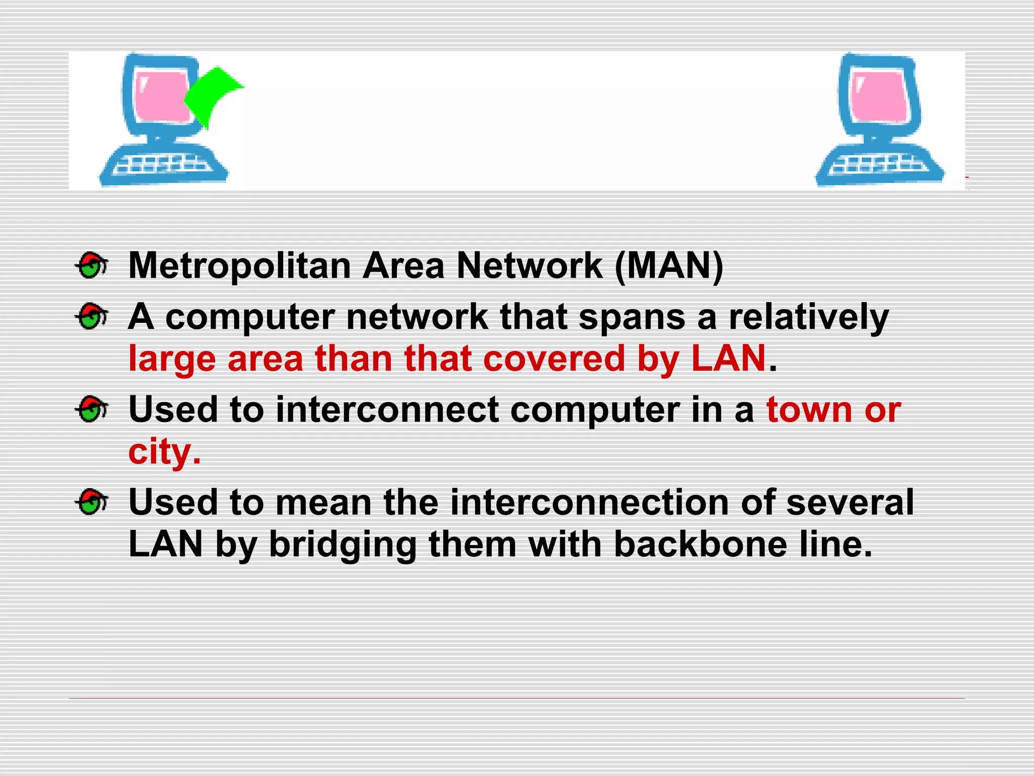 Metropolitan Area Network (MAN)
A computer network that spans a relatively
large area than that covered by LAN.
Used to interconnect computer in a town or
city.
Used to mean the interconnection of several
LAN by bridging them with backbone line.
 