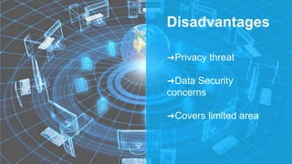 Disadvantages
➜Privacy threat
➜Data Security
concerns
➜Covers limited area
 