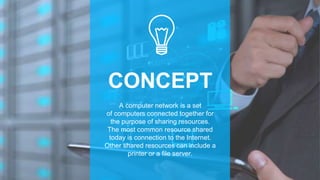 CONCEPT
A computer network is a set
of computers connected together for
the purpose of sharing resources.
The most common resource shared
today is connection to the Internet.
Other shared resources can include a
printer or a file server.
 