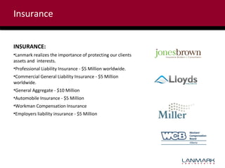 Insurance
INSURANCE:
•Lanmark realizes the importance of protecting our clients
assets and interests.
•Professional Liability Insurance - $5 Million worldwide.
•Commercial General Liability Insurance - $5 Million
worldwide.
•General Aggregate - $10 Million
•Automobile Insurance - $5 Million
•Workman Compensation Insurance
•Employers liability insurance - $5 Million

 