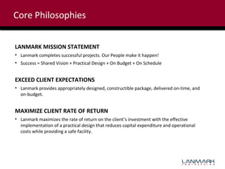 Core Philosophies
LANMARK MISSION STATEMENT
• Lanmark completes successful projects. Our People make it happen!
• Success = Shared Vision + Practical Design + On Budget + On Schedule

EXCEED CLIENT EXPECTATIONS
• Lanmark provides appropriately designed, constructible package, delivered on-time, and
on-budget.

MAXIMIZE CLIENT RATE OF RETURN
• Lanmark maximizes the rate of return on the client’s investment with the effective
implementation of a practical design that reduces capital expenditure and operational
costs while providing a safe facility.

 