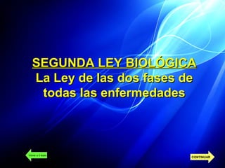 SEGUNDA LEY BIOLÓGICASEGUNDA LEY BIOLÓGICA
La Ley de las dos fases deLa Ley de las dos fases de
todas las enfermedadestodas las enfermedades
Volver a 5 leyes
CONTINUAR
 
