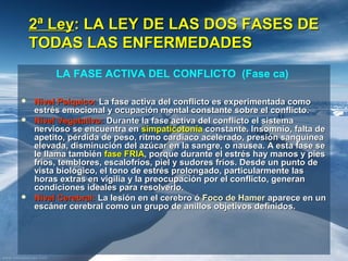 2ª Ley2ª Ley: LA LEY DE LAS DOS FASES DE: LA LEY DE LAS DOS FASES DE
TODAS LAS ENFERMEDADESTODAS LAS ENFERMEDADES
 Nivel Psíquico:Nivel Psíquico: La fase activa del conflicto es experimentada comoLa fase activa del conflicto es experimentada como
estrés emocional y ocupación mental constante sobre el conflicto.estrés emocional y ocupación mental constante sobre el conflicto.
 Nivel Vegetativo:Nivel Vegetativo: Durante la fase activa del conflicto el sistemaDurante la fase activa del conflicto el sistema
nervioso se encuentra ennervioso se encuentra en simpaticotoníasimpaticotonía constante. Insomnio, falta deconstante. Insomnio, falta de
apetito, pérdida de peso, ritmo cardiaco acelerado, presión sanguíneaapetito, pérdida de peso, ritmo cardiaco acelerado, presión sanguínea
elevada, disminución del azúcar en la sangre, o nausea. A esta fase seelevada, disminución del azúcar en la sangre, o nausea. A esta fase se
le llama tambiénle llama también fase FRIAfase FRIA, porque durante el estrés hay manos y pies, porque durante el estrés hay manos y pies
fríos, temblores, escalofríos, piel y sudores fríos. Desde un punto defríos, temblores, escalofríos, piel y sudores fríos. Desde un punto de
vista biológico, el tono de estrés prolongado, particularmente lasvista biológico, el tono de estrés prolongado, particularmente las
horas extras en vigilia y la preocupación por el conflicto, generanhoras extras en vigilia y la preocupación por el conflicto, generan
condiciones ideales para resolverlo.condiciones ideales para resolverlo.
 Nivel Cerebral:Nivel Cerebral: La lesión en el cerebro óLa lesión en el cerebro ó Foco de HamerFoco de Hamer aparece en unaparece en un
escáner cerebral como un grupo de anillos objetivos definidos.escáner cerebral como un grupo de anillos objetivos definidos.
LA FASE ACTIVA DEL CONFLICTO (Fase ca)
 