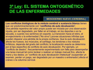 3ª Ley3ª Ley: EL SISTEMA ONTOGENÉTICO: EL SISTEMA ONTOGENÉTICO
DE LAS ENFERMEDADESDE LAS ENFERMEDADES
Los conflictos biológicos de la médula cerebral o sustancia blanca tienen
que ver predominantemente con ”conflictos de auto devaluación“.
Una pérdida repentina del valor propio puede ser iniciada por una observación
injusta, por ser degradado, por fallar en el trabajo, en los deportes o en la
escuela, o cuando nos sentimos sin soporte. La transición hacia el retiro, el
envejecimiento o la enfermedad (”No sirvo“) provee situaciones infinitas que
pueden disparar una pérdida de la propia confianza. Que la auto devaluación
afecte los huesos, los músculos, el cartílago, los tendones o los nódulos
linfáticos, depende del grado del conflicto; la localización exacta se determina
por el tipo específico de conflicto de auto devaluación. Por ejemplo, un
”conflicto de diestro“, frecuentemente experimentado con falla para desempeñar
una tarea manual tal como teclear o realizar un trabajo manual fino, afecta la
mano y los dedos; un ”conflicto de auto devaluación intelectual“ (suspender un
examen, perder un juego, ser degradado por un maestro o entrenador) afecta el
cráneo o la columna cervical.
MESODERMO NUEVO (CEREBRAL)
 