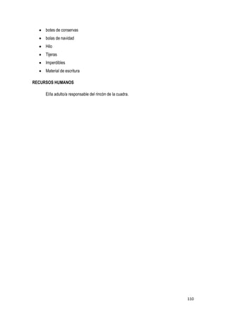 110
botes de conservas
bolas de navidad
Hilo
Tijeras
Imperdibles
Material de escritura
RECURSOS HUMANOS
El/la adulto/a responsable del rincón de la cuadra.
 