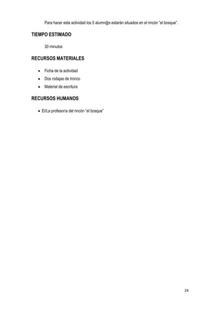 24
Para hacer esta actividad los 5 alumn@s estarán situados en el rincón “el bosque”.
TIEMPO ESTIMADO
30 minutos
RECURSOS MATERIALES
Ficha de la actividad
Dos rodajas de tronco
Material de escritura
RECURSOS HUMANOS
El/La profesor/a del rincón “el bosque”
 
