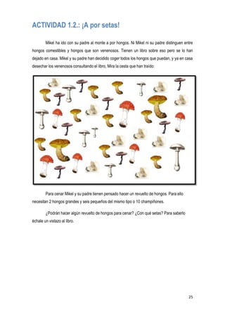 25
ACTIVIDAD 1.2.: ¡A por setas!
Mikel ha ido con su padre al monte a por hongos. Ni Mikel ni su padre distinguen entre
hongos comestibles y hongos que son venenosos. Tienen un libro sobre eso pero se lo han
dejado en casa. Mikel y su padre han decidido coger todos los hongos que puedan, y ya en casa
desechar los venenosos consultando el libro, Mira la cesta que han traído:
Para cenar Mikel y su padre tienen pensado hacer un revuelto de hongos. Para ello
necesitan 2 hongos grandes y seis pequeños del mismo tipo o 10 champiñones.
¿Podrán hacer algún revuelto de hongos para cenar? ¿Con qué setas? Para saberlo
échale un vistazo al libro.
 
