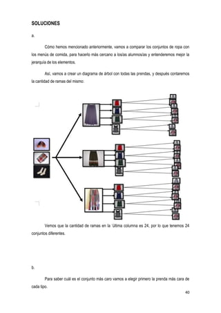 40
SOLUCIONES
a.
Cómo hemos mencionado anteriormente, vamos a comparar los conjuntos de ropa con
los menús de comida, para hacerlo más cercano a los/as alumnos/as y entenderemos mejor la
jerarquía de los elementos.
Así, vamos a crear un diagrama de árbol con todas las prendas, y después contaremos
la cantidad de ramas del mismo:
Vemos que la cantidad de ramas en la „última columna es 24, por lo que tenemos 24
conjuntos diferentes.
b.
Para saber cuál es el conjunto más caro vamos a elegir primero la prenda más cara de
cada tipo.
 