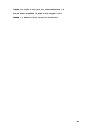 47
Josetxo: Yo te he dado 30 euros, por lo tanto, tienes que devolverme 8,75€
Luis: Me tienes que devolver 0,97€ porque yo te he entregado 16 euros.
Carmen: Si yo te he dado 20 euros, me tienes que devolver 5,45€
 