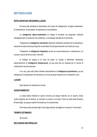 59
METODOLOGÍA
INTELIGENCIAS DESARROLLADAS
Al hacer esta actividad se desarrollan cinco tipos de inteligencias: la lógico-matemática,
la interpersonal, la naturalista, la lingüística y la quinestésica.
La inteligencia lógico-matemática se trabaja al contestar las preguntas mediante
estrategias para la resolución de problemas. La estrategia utilizada es la del tanteo.
Trabajamos la inteligencia naturalista utilizando materiales extraídos de la naturaleza y
haciendo de ésta el tema principal de la actividad. El principal elemento es la leche de vaca.
Trabajamos la inteligencia lingüística al leer las recomendaciones e indicaciones y al
conocer nuevos términos como “marmita”.
Al trabajar en equipo a la hora de pasar un líquido a diferentes recipientes
desarrollaremos la inteligencia interpersonal, ya que para ello se necesita por lo menos la
colaboración de dos personas.
A su vez, para esto último también desarrollamos la inteligencia quinestesica, ya que
trabajamos la manipulación de elementos a la hora de pasar líquidos de un recipiente a otro.
LUGAR
Este ejercicio se realizará en el aula.
AGRUPAMIENTO
La clase estará dividida en cuatro rincones que tengan relación con el caserío. Estos
cuatro espacios son el bosque, el mercado, la cuadra y el huerto. Como en esta clase tenemos
20 alumn@s, los grupos estarán formados por 5 componentes.
Para hacer esta actividad l@s 5 alumn@s estarán situad@s en la sección “el mercado”.
TIEMPO ESTIMADO
30 minutos
RECURSOS MATERIALES
 