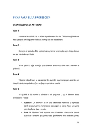 76
FICHA PARA EL/LA PROFESOR/A
DESARROLLO DE LA ACTIVIDAD
Paso 1
Lectura de la actividad. Se va a leer el problema en voz alta. Cada alumn@ leerá una
frase y seguirá con la siguiente frase el/la alumn@ que esté a su derecha.
Paso 2
Momento de las dudas. El/la profesor/a preguntará si tienen dudas y en el caso de que
así sea, intentará responderlas
Paso 3
Se les pedirá a l@s alumn@s que comenten entre ellos como van a resolver el
problema.
Paso 4
Tal como indica Bruner, se les dejará a l@s alumn@s experimentar para aprender por
descubrimiento, se ayudarán un@s a otr@s y compartirán el material.
Paso 5
Se ayudará a los alumnos a contestar a las preguntas f, g y h dándoles estas
explicaciones y pistas:
Tubérculo: Un “tubérculo” es un tallo subterráneo modificado y engrosado
donde se acumulan los nutrientes de reserva para la planta. Posee una yema
central de forma plana y circular.
Fruta: Se denomina “fruta” aquellos frutos comestibles obtenidos de plantas
cultivadas o silvestres que, por su sabor generalmente dulce-acidulado, por su
 