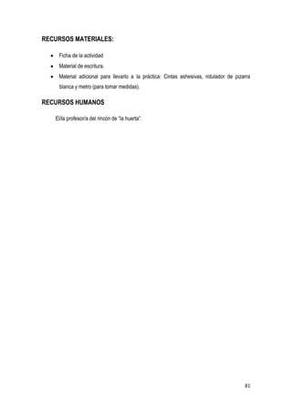 81
RECURSOS MATERIALES:
Ficha de la actividad
Material de escritura.
Material adicional para llevarlo a la práctica: Cintas ashesivas, rotulador de pizarra
blanca y metro (para tomar medidas).
RECURSOS HUMANOS
El/la profesor/a del rincón de “la huerta”.
 