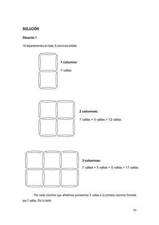 93
SOLUCIÓN
Situación 1
16 departamentos en total, 8 columnas dobles
1 columna:
7 vallas
2 columnas:
7 vallas + 5 vallas = 12 vallas
3 columnas:
7 vallas + 5 vallas + 5 vallas = 17 vallas
Por cada columna que añadimos sumaremos 5 vallas a la primera columna formada
por 7 vallas. Por lo tanto,
 