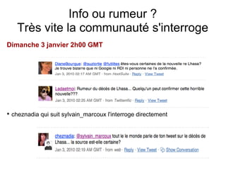 Info ou rumeur ?
   Très vite la communauté s'interroge
Dimanche 3 janvier 2h00 GMT




• cheznadia qui suit sylvain_marcoux l'interroge directement
 