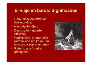 El viaje en barca: Significados
• Comunicación entre los
  dos mundos.
• Nacimiento, útero.
• Destrucción, muerte
  (diluvio).
• Purificación, preparación
  para la vida adulta (o una
  existencia suprahumana).
• Retorno a la “madre
  primigenia”.
 