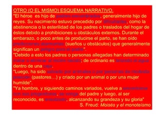 OTRO (O EL MISMO) ESQUEMA NARRATIVO.
"El héroe es hijo de padres encumbrados, generalmente hijo de
reyes. Su nacimiento estuvo precedido por dificultades, como la
abstinencia o la esterilidad de los padres o traslados del hogar de
éstos debido a prohibiciones u obstáculos externos. Durante el
embarazo, o poco antes de producirse el parto, se han oído
predicciones alarmantes (sueños u obstáculos) que generalmente
significan un peligro para el padre".
"Debido a esto los padres o personas allegadas han determinado
matar o eliminar al recién nacido; de ordinario es lanzado al agua
dentro de una caja.
"Luego, ha sido salvado por animales o por personas de modesta
posición (pastores…) y criado por un animal o por una mujer
humilde".
"Ya hombre, y siguiendo caminos variados, vuelve a encontrarse
con sus progenitores, se venga del padre y luego, al ser
reconocido, es ensalzado, alcanzando su grandeza y su gloria"
                                  S. Freud: Moisés y el monoteísmo
 