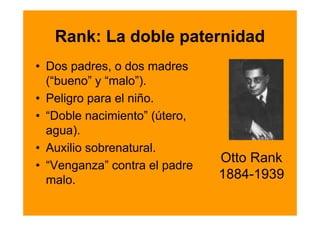 Rank: La doble paternidad
• Dos padres, o dos madres
  (“bueno” y “malo”).
• Peligro para el niño.
• “Doble nacimiento” (útero,
  agua).
• Auxilio sobrenatural.
                               Otto Rank
• “Venganza” contra el padre
  malo.                        1884-1939
 