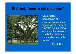 El árbol, “centro del universo”
                 “Los árboles
                 representan al
                 universo en continua
                 regeneración; pero en
                 el centro del universo
                 se encuentra siempre
                 un árbol, el árbol de
                 la vida eterna o de la
                 ciencia”.
                           M. Eliade
 