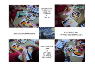 CONVERSAMOS
SOBRE LAS
ESTRELLAS
Y
COMETAS

CADA NIÑO Y NIÑA
PINTA SU NOCHE ESTRELLADA

UTILIZAN CERAS PARA PINTAR

OBSERVA...