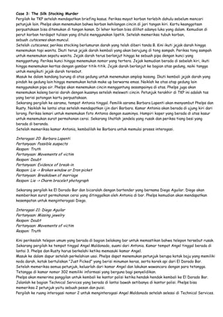 Case 3: The Silk Stocking Murder
Pergilah ke TKP setelah mendapatkan briefing kasus. Periksa mayat korban terlebih dahulu sebelum mencari
petunjuk lain. Phelps akan menemukan bahwa korban kehilangan cincin di jari tangan kiri. Kartu keanggotaan
perpustakaan bisa ditemukan di tangan kanan. Di leher korban bisa dilihat adanya luka yang dalam. Kemudian di
perut korban terdapat tulisan yang ditulis menggunakan lipstik. Setelah memeriksa tubuh korban,
sebuah cutscenes akan muncul.
Setelah cutscenes, periksa stocking berlumuran darah yang telah diberi tanda B. Kini ikuti jejak darah hingga
menemukan topi wanita. Ikuti terus jejak darah kembali yang akan berujung di tong sampah. Periksa tong sampah
untuk menemukan sepatu wanita. Jejak darah terus berlanjut hingga ke sebuah pipa dengan kunci yang
menggantung. Periksa kunci hingga menemukan nomor yang tertera. Jejak kemudian berada di sebelah kiri, ikuti
hingga menemukan kertas dengan gambar titik-titik. Jejak darah berlanjut ke bagian atas gedung, naiki tangga
untuk mengikuti jejak darah tersebut.
Masuk ke dalam kandang burung di atas gedung untuk menemukan amplop kosong. Ikuti kembali jejak darah yang
pindah ke gedung lain hingga menemukan kotak make up berwarna emas. Naiklah ke atas atap gedung lain
menggunakan pipa air. Phelps akan menemukan cincin menggantung sesampainya di atas. Phelps juga akan
menemukan kaleng berisi darah dengan kuasnya setelah melewati cincin. Petunjuk terakhir di TKP ini adalah tas
yang berisi potongan kartu perpustakaan.
Sekarang pergilah ke asrama, tempat Antonia tinggal. Pemilik asrama Barbara Lapenti akan menyambut Phelps dan
Rusty. Naiklah ke lantai atas setelah mendapatkan ijin dari Barbara. Kamar Antonia akan berada di ujung kiri dari
lorong. Periksa lemari untuk menemukan foto Antonia dengan suaminya. Hampiri koper yang berada di atas kasur
untuk menemukan surat permohonan cerai. Sekarang lihatlah jendela yang rusak dan periksa tiang besi yang
berada di beranda.
Setelah memeriksa kamar Antonia, kembalilah ke Barbara untuk memulai proses interogasi.

Interogasi 20: Barbara Lapenti
Pertanyaan: Possible suspects
Respon: Truth
Pertanyaan: Movements of victim
Respon: Doubt
Pertanyaan: Evidence of break-in
Respon: Lie -> Broken window or Iron picket
Pertanyaan: Breakdown of marriage
Respon: Lie -> Charm bracelet photograph
Sekarang pergilah ke El Dorado Bar dan bicaralah dengan bartender yang bernama Diego Aguilar. Diego akan
memberikan surat permohonan cerai yang ditinggalkan oleh Antonia di bar. Phelps kemudian akan mendapatkan
kesempatan untuk menginterogasi Diego.

Interogasi 21: Diego Aguilar
Pertanyaan: Missing jewelry
Respon: Doubt
Pertanyaan: Movements of victim
Respon: Truth
Kini periksalah telepon umum yang berada di bagian belakang bar untuk memastikan bahwa telepon tersebut rusak.
Sekarang pergilah ke tempat tinggal Angel Maldonado, suami dari Antonia. Kamar tempat Angel tinggal berada di
lantai 3. Phelps dan Rusty harus berkelahi ketika memasuki kamar Angel.
Masuk ke dalam dapur setelah perkelahian usai. Phelps dapat menemukan petunjuk berupa kotak baju yang memiliki
noda darah, kotak bertuliskan "Just Picked" yang berisi minuman keras, serta korek api dari El Dorado Bar.
Setelah memeriksa semua petunjuk, keluarlah dari kamar Angel dan lakukan wawancara dengan para tetangga.
Tetangga di kamar nomor 302 memiliki informasi yang berguna bagi penyelidikan.
Phelps akan menerima panggilan untuk kembali ke kantor polisi ketika hendak hendak kembali ke El Dorado Bar.
Jalanlah ke bagian Technical Services yang berada di lantai bawah setibanya di kantor polisi. Phelps bisa
memeriksa 2 petunjuk yaitu sebuah pesan dan puisi.
Pergilah ke ruang interogasi nomor 2 untuk menginterogasi Angel Maldonado setelah selesai di Technical Services.

 
