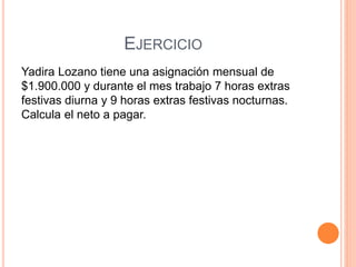 EJERCICIO
Yadira Lozano tiene una asignación mensual de
$1.900.000 y durante el mes trabajo 7 horas extras
festivas diurna y 9 horas extras festivas nocturnas.
Calcula el neto a pagar.
 
