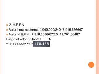  2. H.E.F.N
 Valor hora nocturna: 1.900.000/240=7.916.666667
 Valor H.E.F.N.=7.916.666667*2.5=19.791.66667
Luego el valor de las 9 H.E.F.N.
=19.791.66667*9=
 