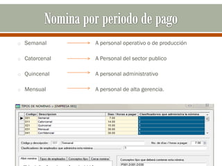 o Semanal A personal operativo o de producción
o Catorcenal A Personal del sector publico
o Quincenal A personal administrativo
o Mensual A personal de alta gerencia.
 