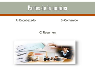 A) Encabezado B) Contenido
C) Resumen
 