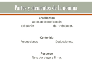 Encabezado
Datos de identificación
del patrón del trabajador.
Contenido
Percepciones Deducciones.
Resumen
Neto por pagar y firma.
 