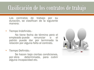Los contratos de trabajo por su
duración, se clasifican de la siguiente
manera:
• Tiempo Indefinido.-
No tiene fecha de término pero el
empleado puede renunciar o el
patrón puede dar por terminada la
relación por alguna falta al contrato.
• Tiempo Definido.-
Se hacen bajo ciertas condiciones,
por obra determinada, para cubrir
alguna incapacidad etc.
 