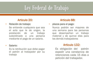 Articulo 20:
• Relación de trabajo:
Se entiende cualquiera que sea
el acto que le de origen, la
prestación de un trabajo
subordinado a una persona
mediante el pago de un salario.
• Salario:
Es la retribución que debe pagar
el patrón al trabajador por su
trabajo
Articulo 88:
• plazos para el pago:
Nunca podrán ser mayores de
una semana para las personas
que desempeñan un trabajo
material y de quince días para
los demás trabajadores
Articulo 132:
Es obligación del patrón
expedir una constancia de
retenciones cada 15 días a
petición del trabajador.
 