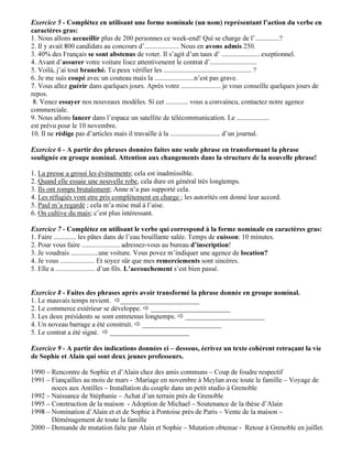 Exercice 5 - Complétez en utilisant une forme nominale (un nom) représentant l’action du verbe en
caractères gras:
1. Nous allons accueillir plus de 200 personnes ce week-end! Qui se charge de l’..............?
2. Il y avait 800 candidats au concours d’.................... Nous en avons admis 250.
3. 40% des Français se sont abstenus de voter. Il s’agit d’un taux d’ ...................... exeptionnel.
4. Avant d’assurer votre voiture lisez attentivenemt le contrat d’...........................
5. Voilà, j’ai tout branché. Tu peux vérifier les ................................................... ?
6. Je me suis coupé avec un couteau mais la .......................n’est pas grave.
7. Vous allez guérir dans quelques jours. Après votre ....................... je vous conseille quelques jours de
repos.
8. Venez essayer nos nouveaux modèles. Si cet ............. vous a convaincu, contactez notre agence
commerciale.
9. Nous allons lancer dans l’espace un satellite de télécommunication. Le ...................
est prévu pour le 10 novembre.
10. Il ne rédige pas d’articles mais il travaille à la ............................. d’un journal.
Exercice 6 - A partir des phrases données faites une seule phrase en transformant la phrase
soulignée en groupe nominal. Attention aux changements dans la structure de la nouvelle phrase!
1. La presse a grossi les événements; cela est inadmissible.
2. Quand elle essaie une nouvelle robe, cela dure en général très longtemps.
3. Ils ont rompu brutalement; Anne n’a pas supporté cela.
4. Les réfugiés vont etre pris complètement en charge ; les autorités ont donné leur accord.
5. Paul m’a regardé ; cela m’a mise mal à l’aise.
6. On cultive du mais; c’est plus intéressant.
Exercice 7 - Complétez en utilisant le verbe qui correspond à la forme nominale en caractères gras:
1. Faire ............. les pâtes dans de l’eau bouillante salée. Temps de cuisson: 10 minutes.
2. Pour vous faire ...................... adressez-vous au bureau d’inscription!
3. Je voudrais ................une voiture. Vous povez m’indiquer une agence de location?
4. Je vous .................... Et soyez sûr que mes remerciements sont sincères.
5. Elle a ....................... d’un fils. L’accouchement s’est bien passé.
Exercice 8 - Faites des phrases après avoir transformé la phrase donnée en groupe nominal.
1. Le mauvais temps revient. _______________________
2. Le commerce extérieur se développe. _______________________
3. Les deux présidents se sont entretenus longtemps. _______________________
4. Un noveau barrage a été construit. _______________________
5. Le contrat a été signé. _______________________
Exercice 9 - A partir des indications données ci – dessous, écrivez un texte cohérent retraçant la vie
de Sophie et Alain qui sont deux jeunes professeurs.
1990 – Rencontre de Sophie et d’Alain chez des amis communs – Coup de foudre respectif
1991 – Fiançailles au mois de mars - :Mariage en novembre à Meylan avec toute le famille – Voyage de
noces aux Antilles – Installation du couple dans un petit studio à Grenoble
1992 – Naissance de Stéphanie – Achat d’un terrain près de Grenoble
1995 – Construction de la maison - Adoption de Michael – Soutenance de la thèse d’Alain
1998 – Nomination d’Alain et et de Sophie à Pontoise près de Paris – Vente de la maison –
Déménagement de toute la famille
2000 – Demande de mutation faite par Alain et Sophie – Mutation obtenue - Retour à Grenoble en juillet.
 