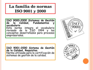 La familia de normas ISO 9001 y 2000 ISO 9000:2000 Sistemas de Gestión de la Calidad, Fundamentos y vocabulario Esta norma integra el vocabulario revisado de la ISO 1994 y los conceptos desarrollados para procesos empresariales. ISO 9001:2000 Sistema de Gestión de la Calidad, Requisitos. Norma utilizada para la certificación de sistemas de gestión de la calidad.  