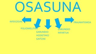 OSASUNA
INFEKZIOAK
POLIOMIELITISA
GARUNEKO
HODIETAKO
GAITZAK
TRAUMATISMOA
GARUNEKO
INFARTUA
 