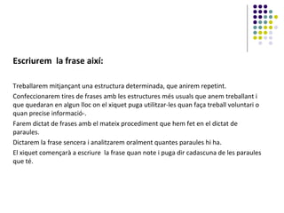 Escriurem la frase així:
Treballarem mitjançant una estructura determinada, que anirem repetint.
Confeccionarem tires de frases amb les estructures més usuals que anem treballant i
que quedaran en algun lloc on el xiquet puga utilitzar-les quan faça treball voluntari o
quan precise informació-.
Farem dictat de frases amb el mateix procediment que hem fet en el dictat de
paraules.
Dictarem la frase sencera i analitzarem oralment quantes paraules hi ha.
El xiquet començarà a escriure la frase quan note i puga dir cadascuna de les paraules
que té.

 