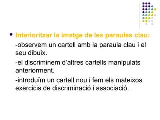 Interioritzar

la imatge de les paraules clau:
-observem un cartell amb la paraula clau i el
seu dibuix.
-el discriminem d’altres cartells manipulats
anteriorment.
-introduïm un cartell nou i fem els mateixos
exercicis de discriminació i associació.

 