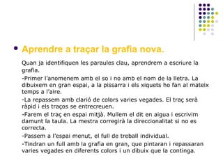  Aprendre

a traçar la grafia nova.

Quan ja identifiquen les paraules clau, aprendrem a escriure la
grafia.
-Primer l’anomenem amb el so i no amb el nom de la lletra. La
dibuixem en gran espai, a la pissarra i els xiquets ho fan al mateix
temps a l’aire.
-La repassem amb clarió de colors varies vegades. El traç serà
ràpid i els traços se entrecreuen.
-Farem el traç en espai mitjà. Mullem el dit en aigua i escrivim
damunt la taula. La mestra corregirà la direccionalitat si no es
correcta.
-Passem a l’espai menut, el full de treball individual.
-Tindran un full amb la grafia en gran, que pintaran i repassaran
varies vegades en diferents colors i un dibuix que la continga.

 