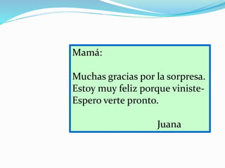 Mamá: 
Muchas gracias por la sorpresa. 
Estoy muy feliz porque viniste- 
Espero verte pronto. 
Juana 
 