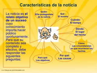 Características de la noticia La noticia es  el relato objetivo de un suceso  cuyo conocimiento importa hacer público oportunamente. Para que su contenido sea completo y efectivo, debe responder las siguientes preguntas: Cuándo: El tiempo Por qué: Las causas Cómo: Las circunstancias en que ocurrieron los hechos Dónde: El lugar del hecho Para qué: Los objetivos Quién: El/la protagonista de la noticia Qué : El suceso 