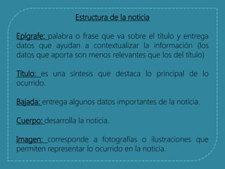 Estructura de la noticia 
Epígrafe: palabra o frase que va sobre el título y entrega datos que ayudan a contextualizar la información (los datos que aporta son menos relevantes que los del título) 
Título: es una síntesis que destaca lo principal de lo ocurrido. 
Bajada: entrega algunos datos importantes de la noticia. 
Cuerpo: desarrolla la noticia. 
Imagen: corresponde a fotografías o ilustraciones que permiten representar lo ocurrido en la noticia.  