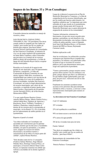 Saqueo de los Ramos 33 y 39 en Cozoaltepec
                                                    Luego de evidenciar la ausencia de un Plan de
                                                    Desarrollo Municipal en Tonameca, y la falta de
                                                    comprobación de los recursos federalizados, que
                                                    por ley tendría que hacerse cada trimestre, los
                                                    regidores señalaron que "es importante que estén
                                                    enterados de lo que sucede en el ayuntamiento,
                                                    porque ustedes forman parte del Consejo de
                                                    Desarrollo Municipal, que es quien determina la
                                                    asignación de recursos en las comunidades".
Concejales denuncian anomalías en manejo de
                                                    Tenemos información, reiteraron los
recursos y obras
                                                    funcionarios, de que este oscuro acuerdo entre
                                                    panistas y perredistas, no solo beneficia a los
SAN FRANCISCO, COZOALTEPEC,                         directamente involucrados, sino incluso a líderes
TONAMECA, Oax- "(El presidente) Nos decía           visibles de ambos partidos, como el diputado
cuando estaba en campaña que iba a haber un         local Juan Iván Mendoza Reyes, y el Secretario
'cambio', pero resultó que fue un cambio de         General del PRD en Oaxaca, Raymundo
bolsillo para empacar, para hacer billete",         Carmona Laredo.
lanzaron furiosos representantes de comunidades
de San Francisco Cozoaltepec, al enterarse de
                                                    Pedirán explicación a edil
viva voz de cuatro regidores del ayuntamiento
de Santa María Tonameca, sobre el desorden
que prevalece en el manejo de los recursos          Ante las revelaciones, los enfurecidos escuchas
públicos dentro del ayuntamiento, y la falta de     reclamaron que Salomón Reyes respalde tales
                                                    anomalías y no informe a sus gobernados sobre
apego del edil Salomón Reyes García a respetar
                                                    la forma en que se invierten los recursos
normas municipales.
                                                    públicos, por lo que determinaron unirse para
                                                    exigir una explicación al presidente.
Reunidos en el corazón de la agencia más
grande de este municipio, unos 50 representantes
de barrios y rancherías, y el líder del             "Vamos a presionarlos, porque nosotros somos
Comisariado de Bienes Comunales de este             quienes dimos nuestro voto de confianza a esa
núcleo Agrario, Pablo Rito, escucharon las          gente, porque dijeron que iban a ser diferentes a
irregularidades que rodean a casi una decena de     los que habían estado (gobernando), pero qué
obras iniciadas en el casco de la población y       pasa, tan pior (sic)", mencionó uno de los más
diversas localidades, incluidas San Francisco       participativos.
Cozoaltepec, así como la ilegal administración
de recursos municipales, que a decir de los         Finalmente los asistentes acordaron tomar
concejales, es repartida en partes iguales entre    acciones en los próximos días para demandar
líderes locales y funcionarios de los partidos      claridad en obras y recursos, y convocar a otras
Acción Nacional (PAN) y de la Revolución            representaciones municipales para sumarse al
Democrática (PRD).                                  movimiento.

Y es que según Romeo Ramírez Gómez,                 La desventura de San Francisco Cozoaltepec
Antonio Mateos Ortega, Alberto Jiménez Feria y
Adrián Fabián Ruiz, regidores de Agencias y         2 mil 121 habitantes
Rancherías, Pesca, Vialidad y Transporte, y
Jardines y Panteones, respectivamente; el           397 viviendas
destino de los recursos que le corresponden al
municipio, vía los Ramos 33 y 28, es decidido       25% de la población es analfabeta
por los representantes de ambos partidos en el
ayuntamiento.                                       94% no tienen acceso a servicios de salud

Reparten el pastel a la mitad                       47% carece de agua potable

"Las obras realizadas en Cozoaltepec son            385 de las viviendas tiene piso de tierra
ejecutadas por constructores que los panistas
deciden, mientras que las del casco y localidades   Fuente: Sedesol
aledañas, son para los perredistas, y en ambos
casos, asignan los recursos de manera               "Nos decía en campaña que iba a haber un
discrecional y sin notificar montos o               'cambio', pero resultó que fue un cambio de
características de las obras a la mayor parte del   bolsillo... para hacer billete":
cabildo", explicó Romeo Ramírez.
                                                    Representantes de comunidades de San
"Solo deciden cuatro de los 13 concejales           Francisco Cozoaltepec
(Federico Salinas Martínez, Hugo Manuel
Ordoñez Ruiz, Domingo Valencia Pérez y el           Patricia Pacheco / Corresponsal
munícipe) y el tesorero (Héctor Omar Cortés
Reyes), en supuestas reuniones de cabildo que
realizan a escondidas de los demás regidores",
agregó.
 