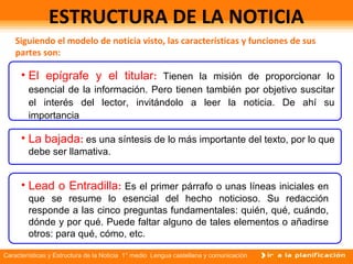 Características y Estructura de la Noticia 1° medio Lengua castellana y comunicación
ESTRUCTURA DE LA NOTICIA
Siguiendo el modelo de noticia visto, las características y funciones de sus
partes son:
• El epígrafe y el titular: Tienen la misión de proporcionar lo
esencial de la información. Pero tienen también por objetivo suscitar
el interés del lector, invitándolo a leer la noticia. De ahí su
importancia.
• La bajada: es una síntesis de lo más importante del texto, por lo que
debe ser llamativa.
• Lead o Entradilla: Es el primer párrafo o unas líneas iniciales en
que se resume lo esencial del hecho noticioso. Su redacción
responde a las cinco preguntas fundamentales: quién, qué, cuándo,
dónde y por qué. Puede faltar alguno de tales elementos o añadirse
otros: para qué, cómo, etc.
 