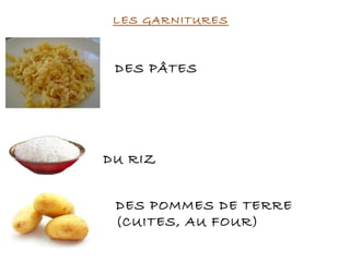 LES GARNITURES
DES PÂTES
DU RIZ
DES POMMES DE TERRE
(CUITES, AU FOUR)
 