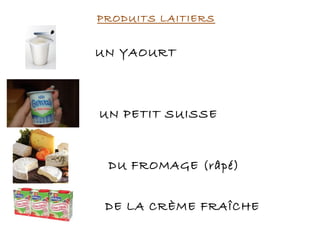 PRODUITS LAITIERS
UN YAOURT
UN PETIT SUISSE
DU FROMAGE (râpé)
DE LA CRÈME FRAÎCHE
 