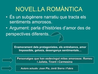NOVEL.LA ROMÀNTICA És un subgènere narratiu que tracta els sentiments amorosos. Argument: parla d’històries d’amor des de  perspectives diferents. Enamorament dels protagonistes, els entrebancs, amor Impossible, gelosia, desenganys sentimentals… Personatges que han esdevingut mites amorosos: Romeu i Julieta, Tirant i Carmesina Autors actuals :Joan Pla, Jordi Sierra i Fabra 