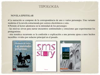 TIPOLOGIA

   NOVELA EPISTOLAR

• La narración se compone de la correspondencia de uno o varios personajes. Una variante
moderna el la novela estructurada por correos electrónicos o sms.
• Permite al lector adentrarse en la intimidad de los personajes:
- las misivas sirven para narrar encuentros sentimentales y emociones que experimentan los
protagonistas.
- otra temática recurrente es la confesión o explicación a una persona ajena a unos hechos
increíbles vividos por redactor principal en el pasado.
 