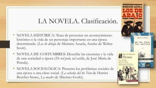 LA NOVELA. Clasificación.
• NOVELA HISTÓRICA: Trata de presentar un acontecimiento
histórico o la vida de un personaje importante en una época
determinada. (Los de debajo de Mariano Azuela, Ivanhoe de Walter
Scott).
• NOVELA DE COSTUMBRES: Describe las creencias y la vida
de una sociedad o época (De tal palo, tal astilla, de José María de
Pereda).
• NOVELA SOCIOLÓGICA: Presenta los problemas sociales de
una época o una clase social. (La cabaña del tío Tom de Harriet
Beecher Stowe, La madre de Máximo Gorki).
 