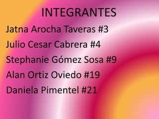INTEGRANTES
Jatna Arocha Taveras #3
Julio Cesar Cabrera #4
Stephanie Gómez Sosa #9
Alan Ortiz Oviedo #19
Daniela Pimentel #21
 