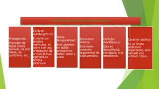Elementos narrativos de la novela picaresca
Protagonista:
Proceden de
bajas clases
sociales, es anti
héroe, es
justiciero, etc.
Carácter
autobiográfico:
El narra sus
propias
aventuras, el
narra con una
orientación de
critica el cual
ejercerá la
novela
picaresca.
Doble
temporalidad:
Esta aparece
en doble
prospectiva
como: actor y
autor.
Estructura
abierta:
Esta tiene
conexión
argumental de
cada persona.
Carácter
moralizante:
Esta es
descarriada,
castigada, o se
arrepiente.
Carácter satírico:
Es un relato
picaresco
importante, será
narrado con
actitud critica.
 